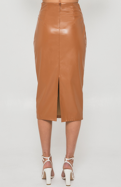 Faux Leather Midi Skirt with Knot Front Detail