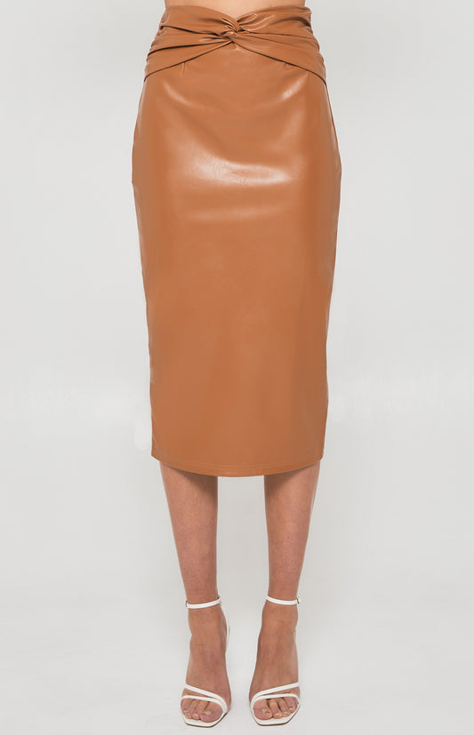 Faux Leather Midi Skirt with Knot Front Detail