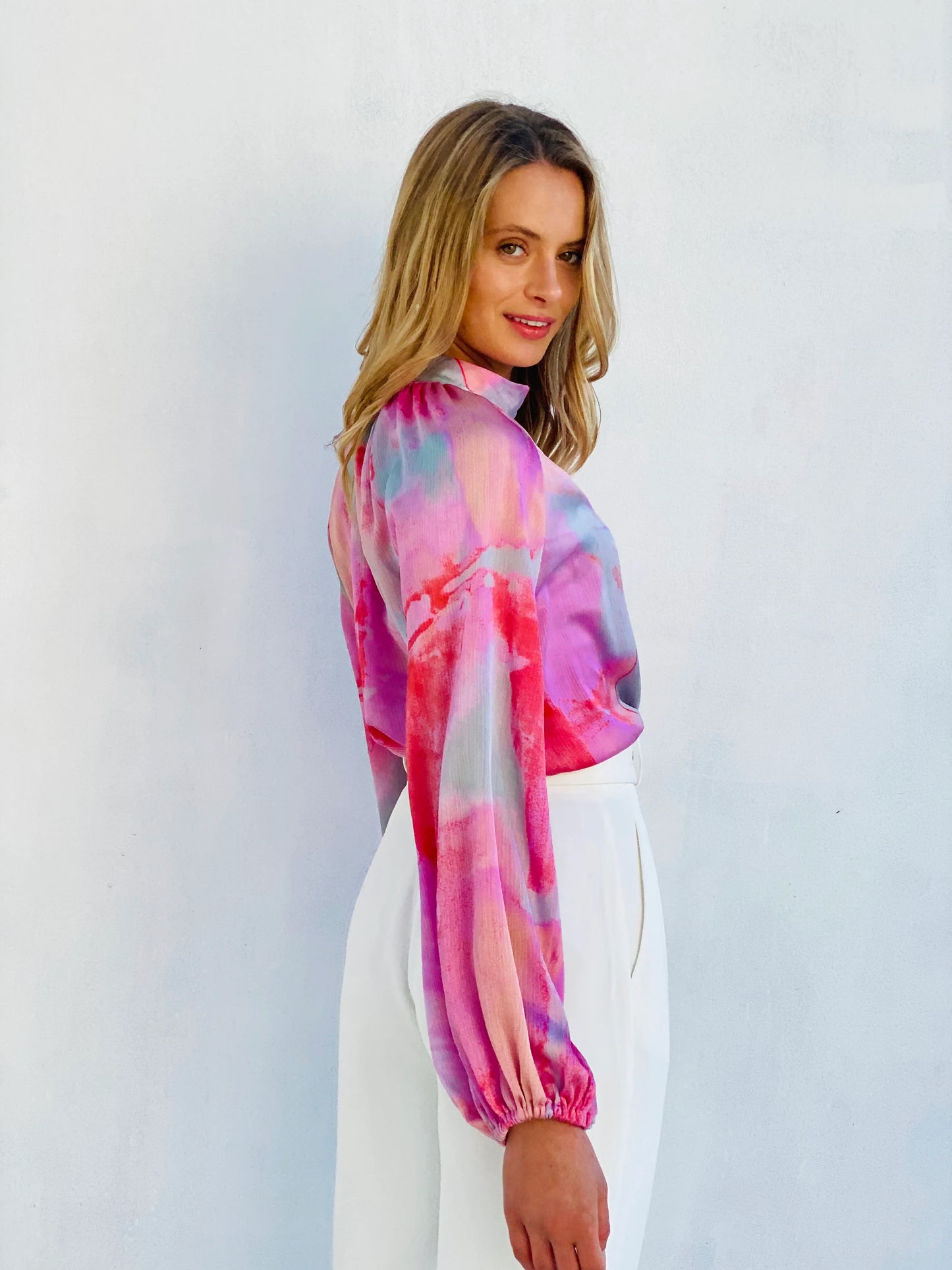 Watercolour Balloon Sleeve Blouse