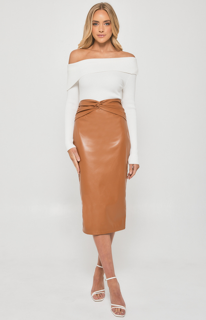 Faux Leather Midi Skirt with Knot Front Detail