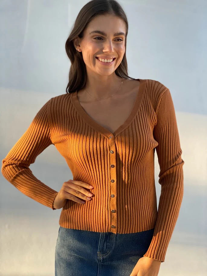 Ribbed V-Neck Knit Top