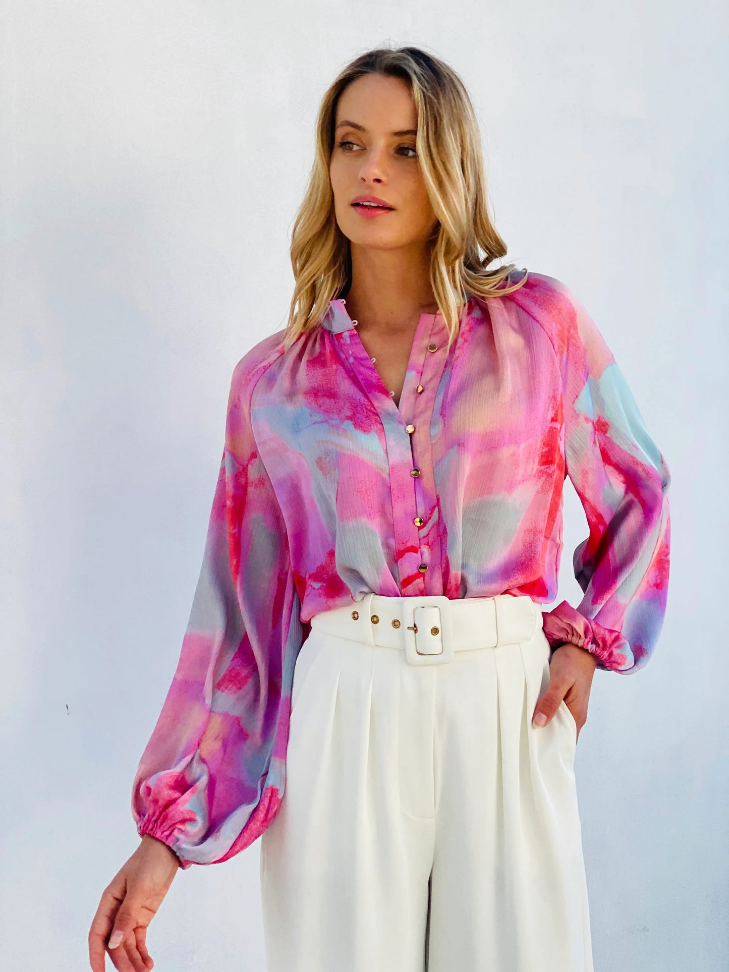 Watercolour Balloon Sleeve Blouse