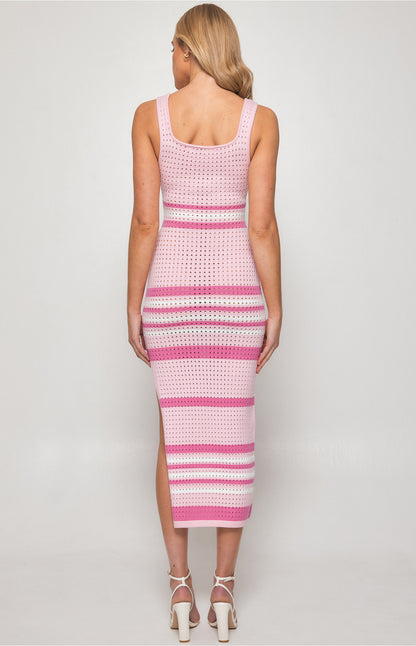 Contrast Stripe Crochet Knit Midi Dress with Side Split