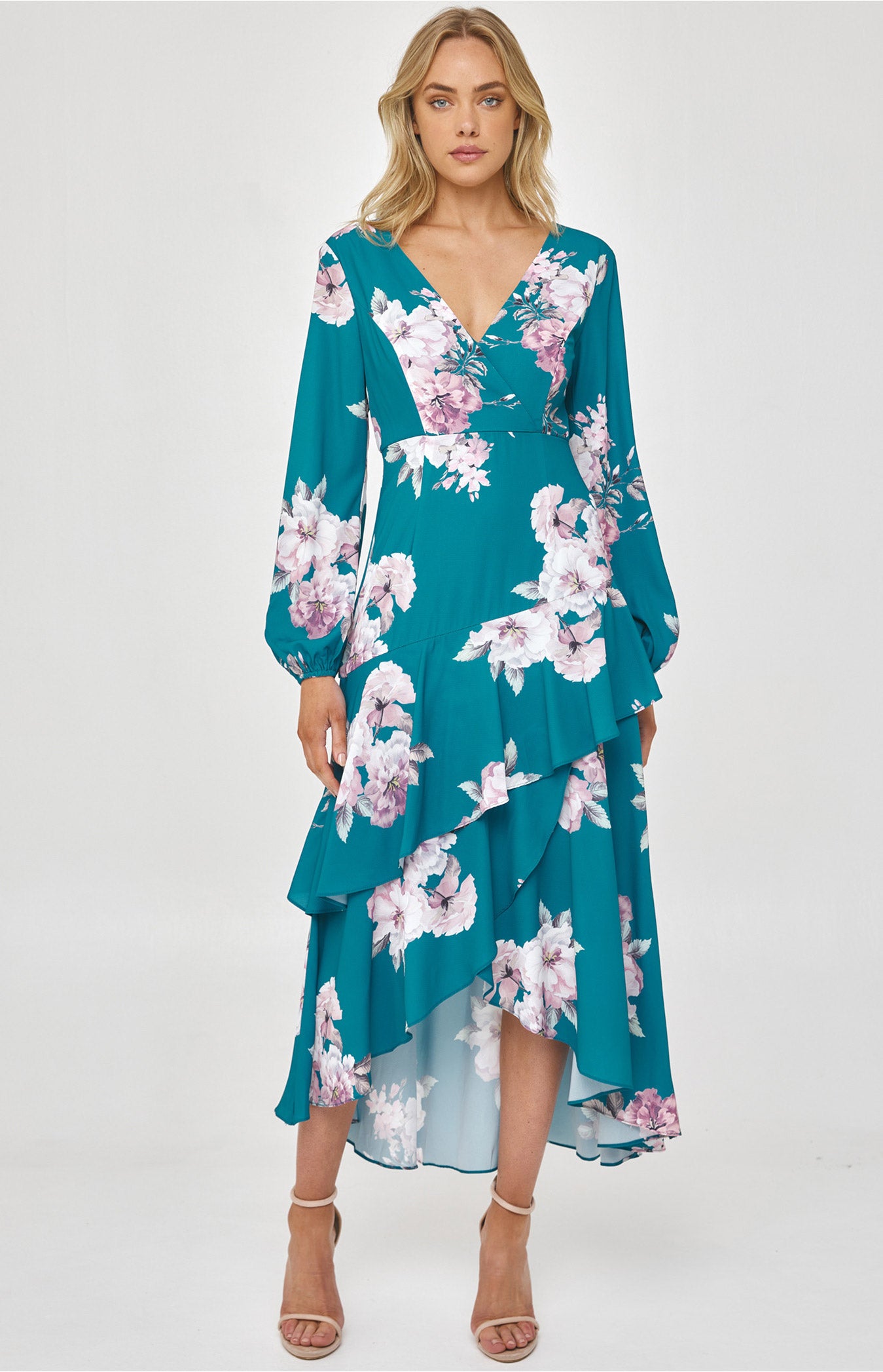 Floral Dress with Layered Waterfall Hem