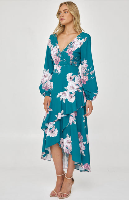 Floral Dress with Layered Waterfall Hem