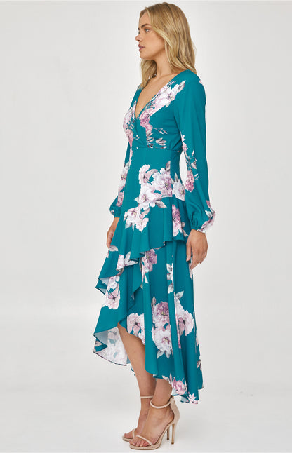 Floral Dress with Layered Waterfall Hem