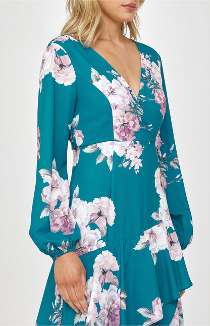 Floral Dress with Layered Waterfall Hem