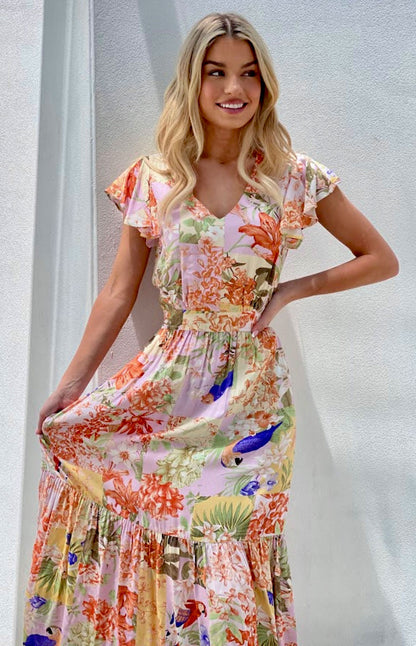 Floral Patchwork Ruffle Sleeve Dress