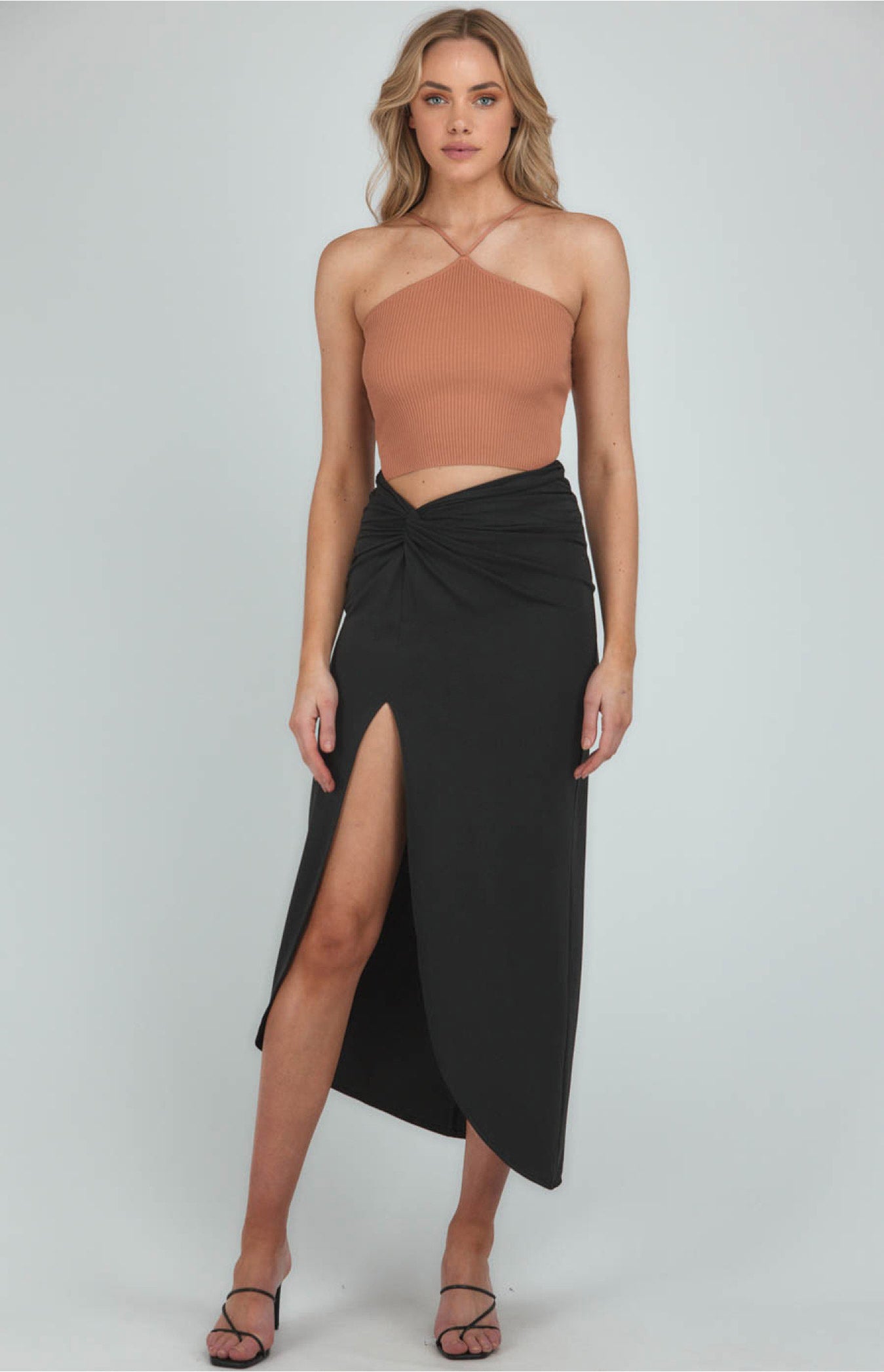 Front Knot Detail Midi Skirt