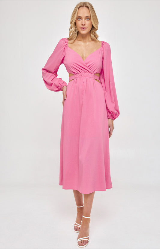 Long Sleeve Maxi Dress with Elastic Cut Out Waist