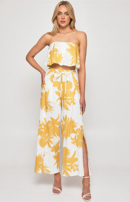 Printed Set with Strapless Top and Split Detail Pants