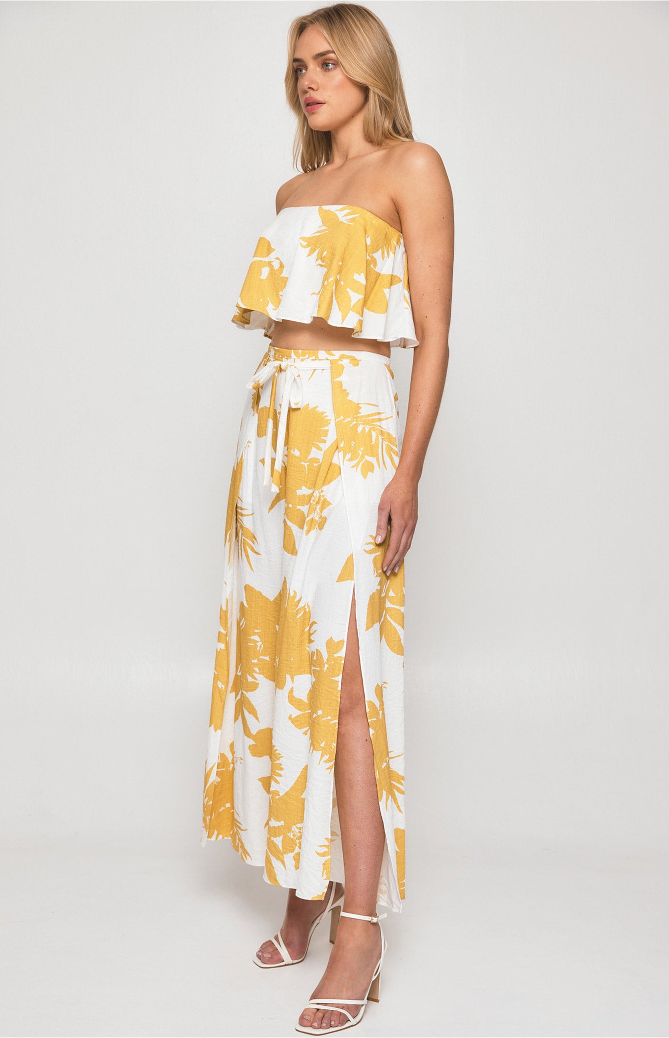 Printed Set with Strapless Top and Split Detail Pants