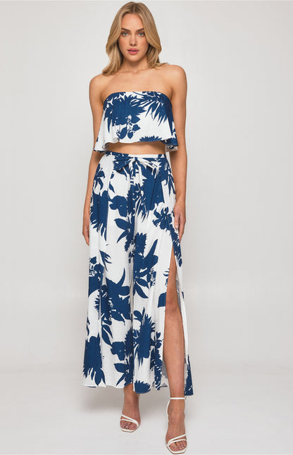 Printed Set with Strapless Top and Split Detail Pants