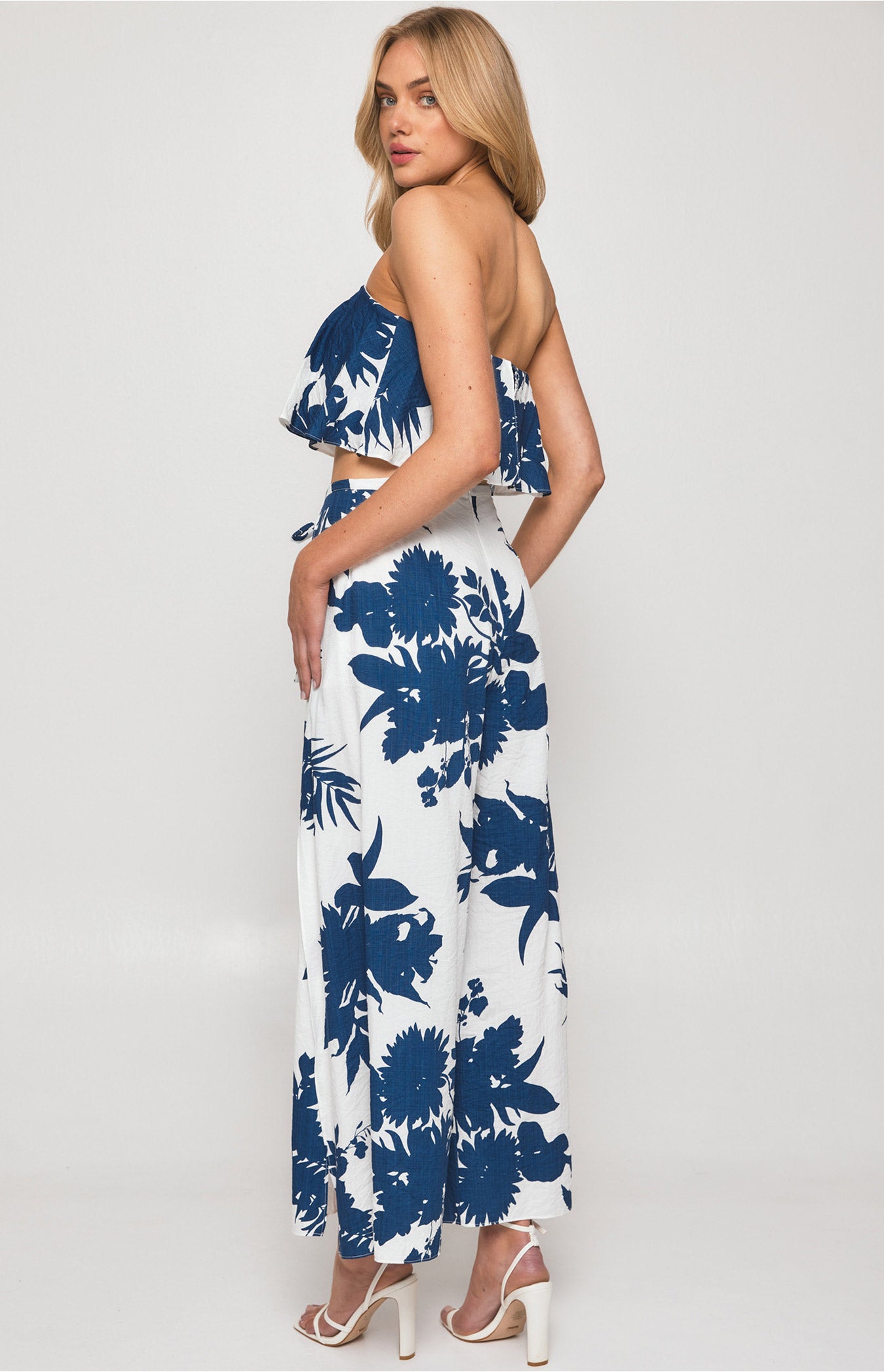 Printed Set with Strapless Top and Split Detail Pants