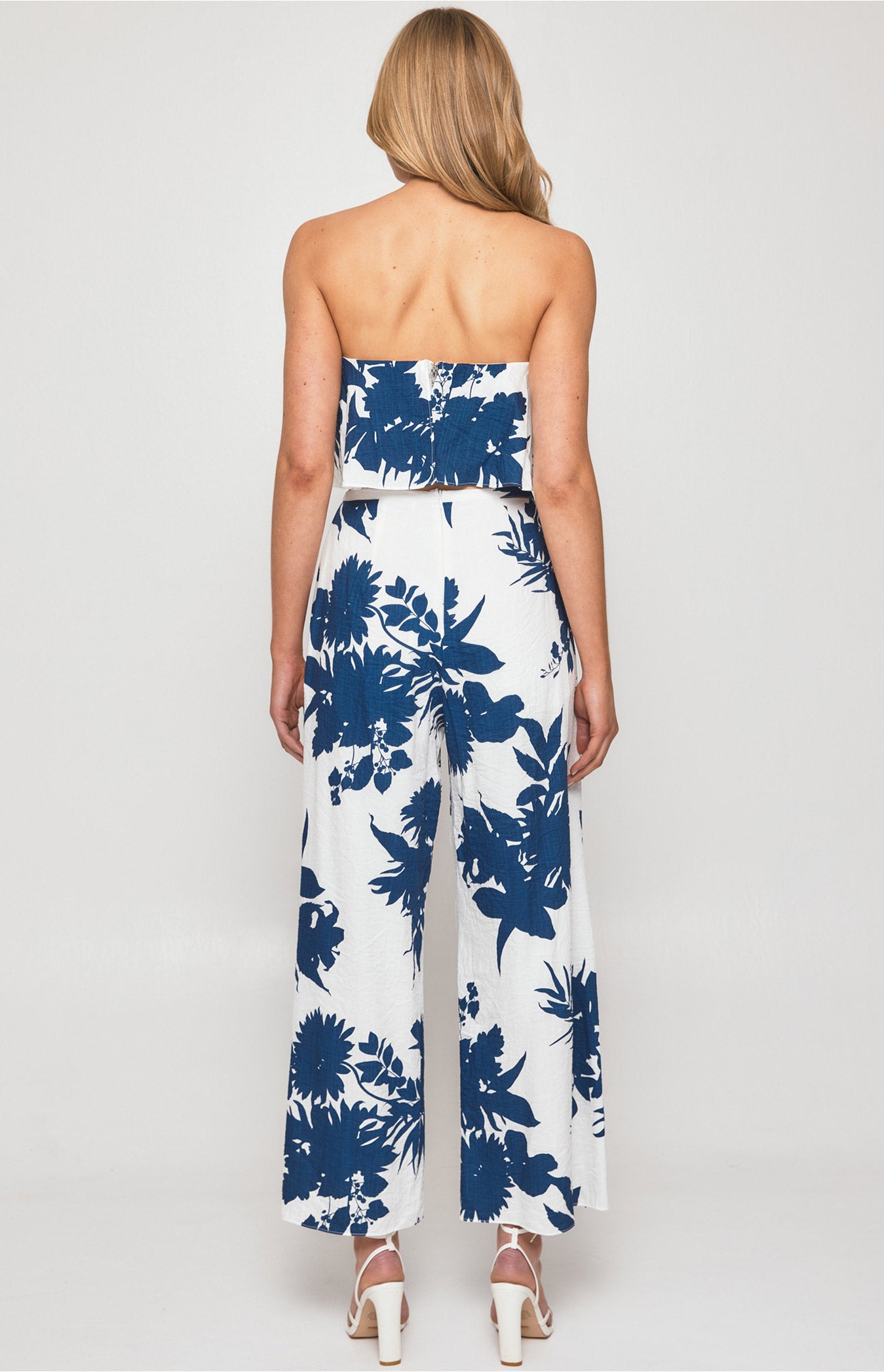 Printed Set with Strapless Top and Split Detail Pants