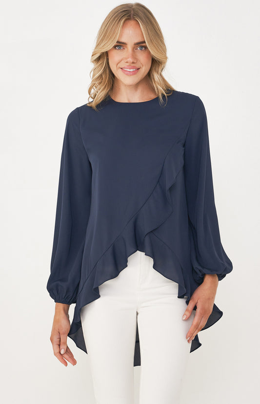 Jackie Round Neckline Top with Asymmetric Ruffle Hem