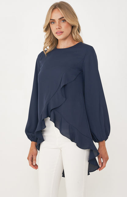 Jackie Round Neckline Top with Asymmetric Ruffle Hem