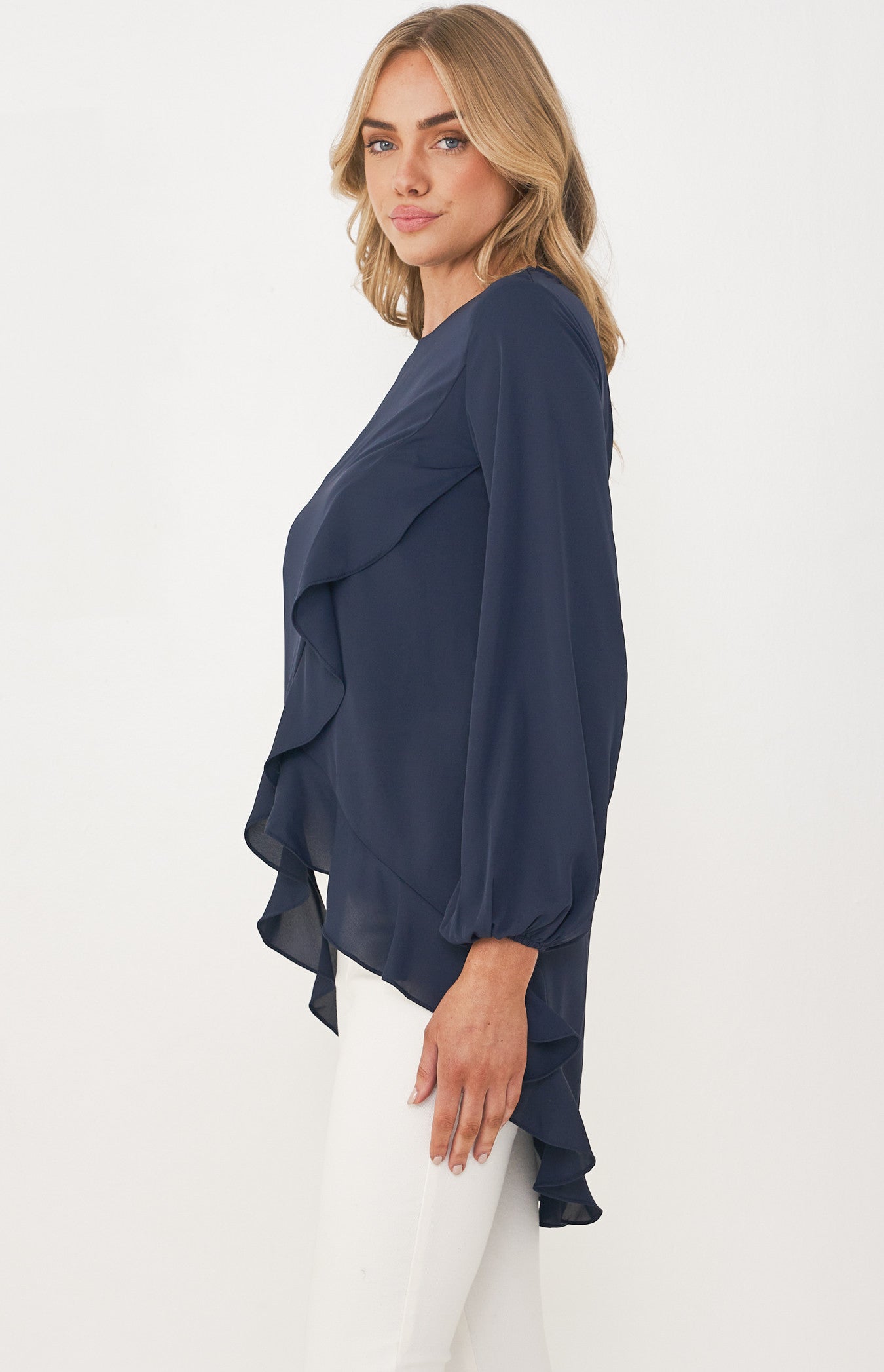 Jackie Round Neckline Top with Asymmetric Ruffle Hem