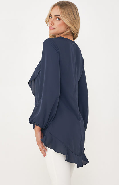 Jackie Round Neckline Top with Asymmetric Ruffle Hem