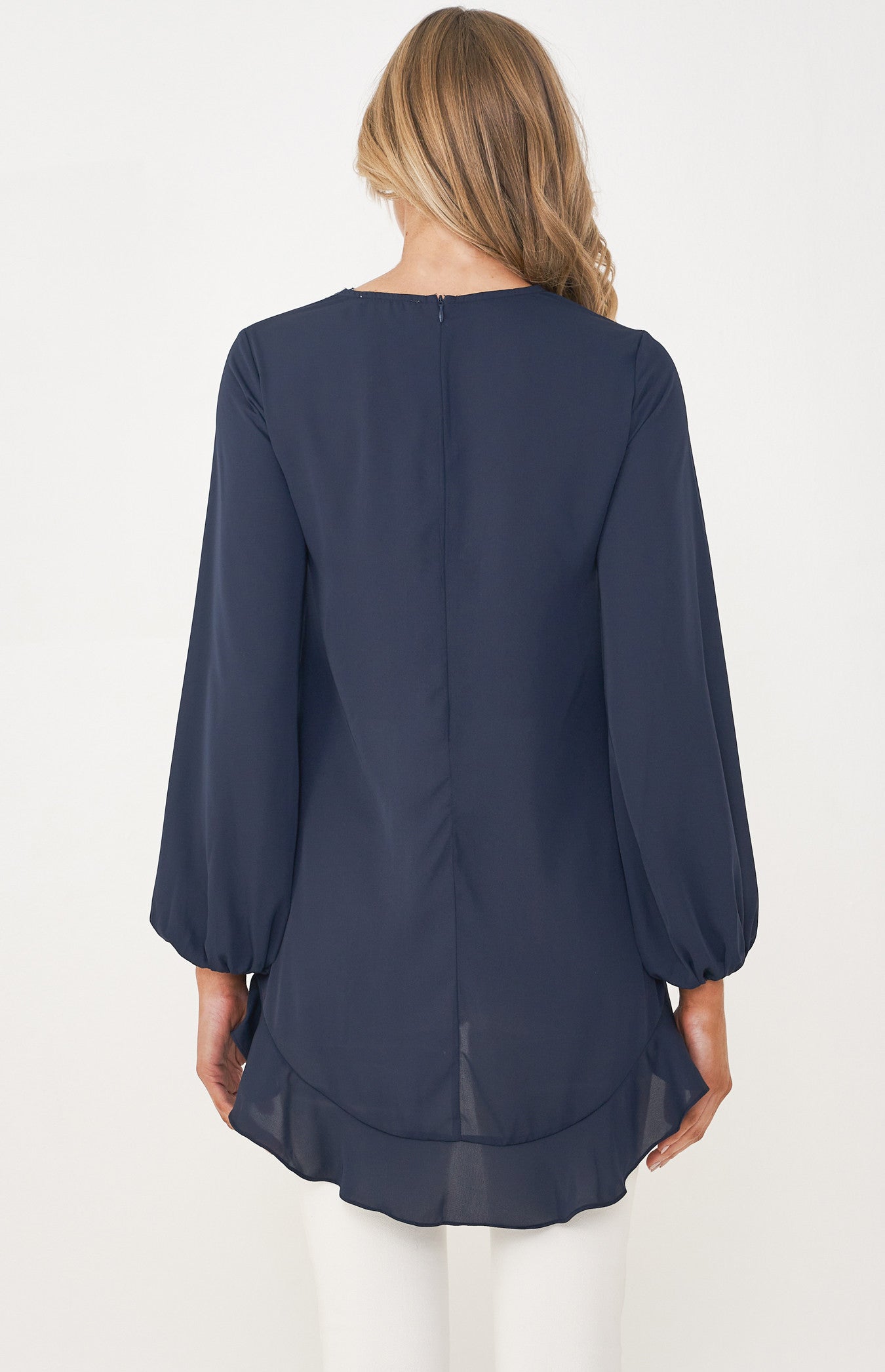 Jackie Round Neckline Top with Asymmetric Ruffle Hem