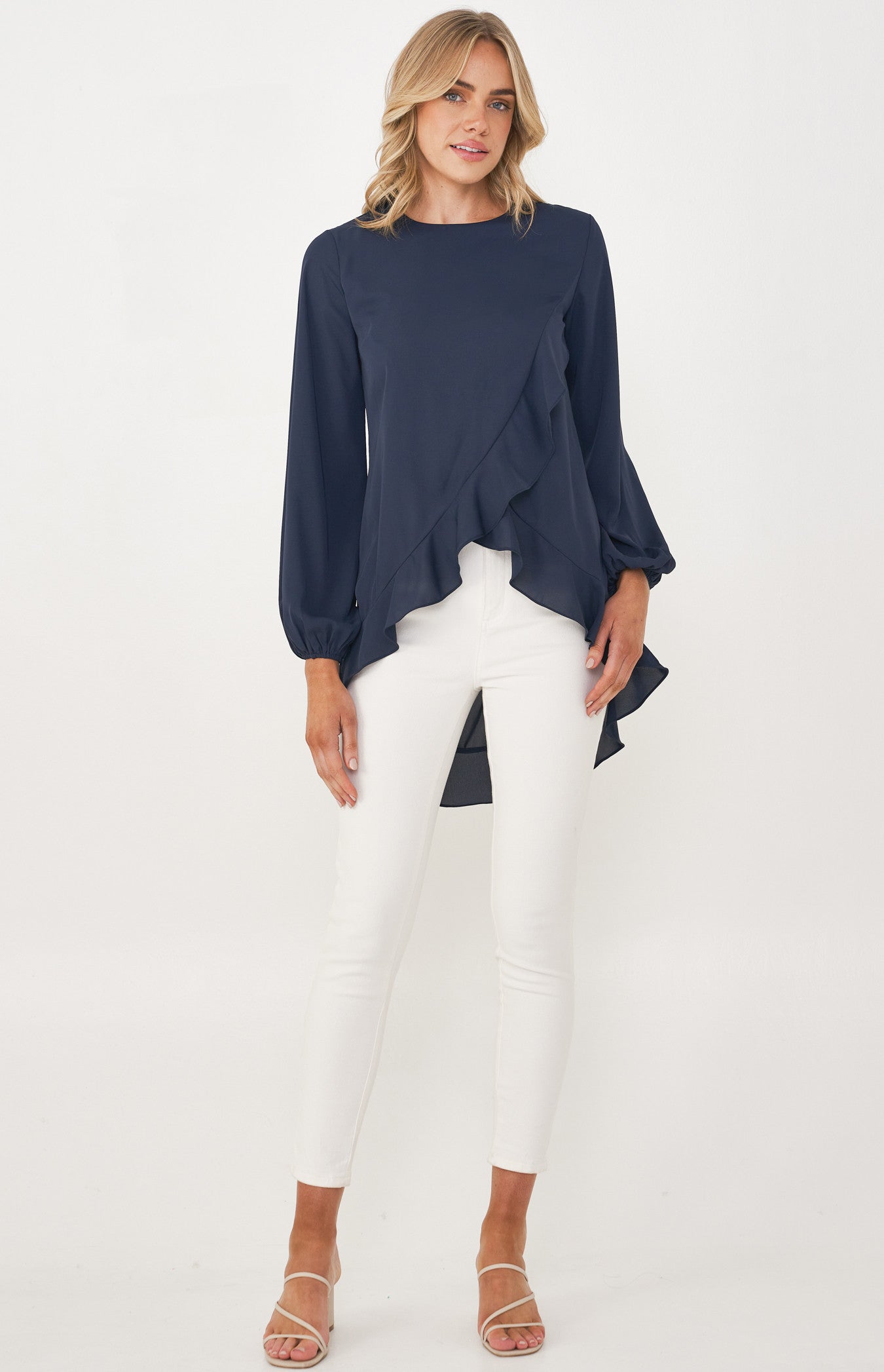 Jackie Round Neckline Top with Asymmetric Ruffle Hem