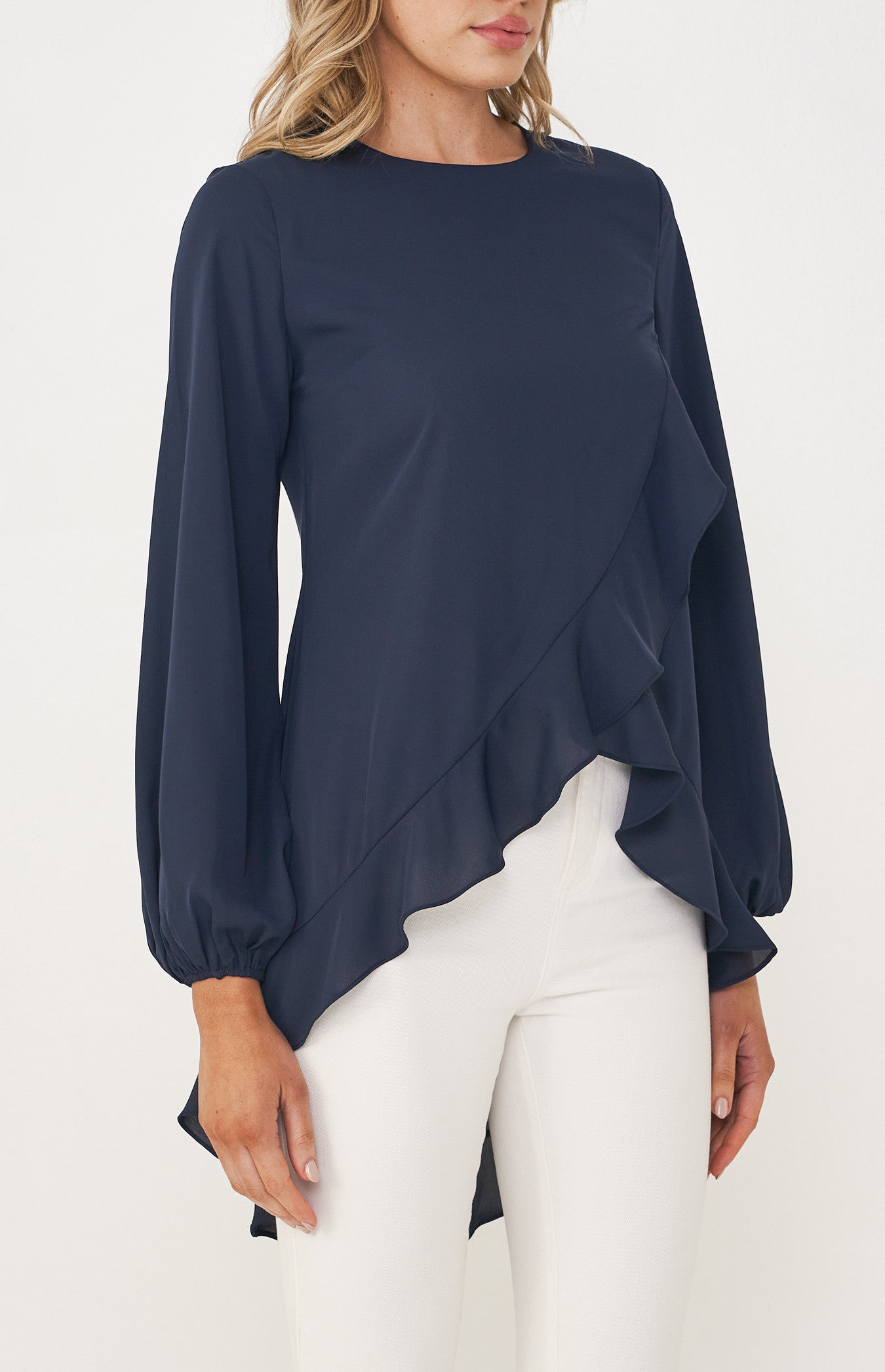 Jackie Round Neckline Top with Asymmetric Ruffle Hem